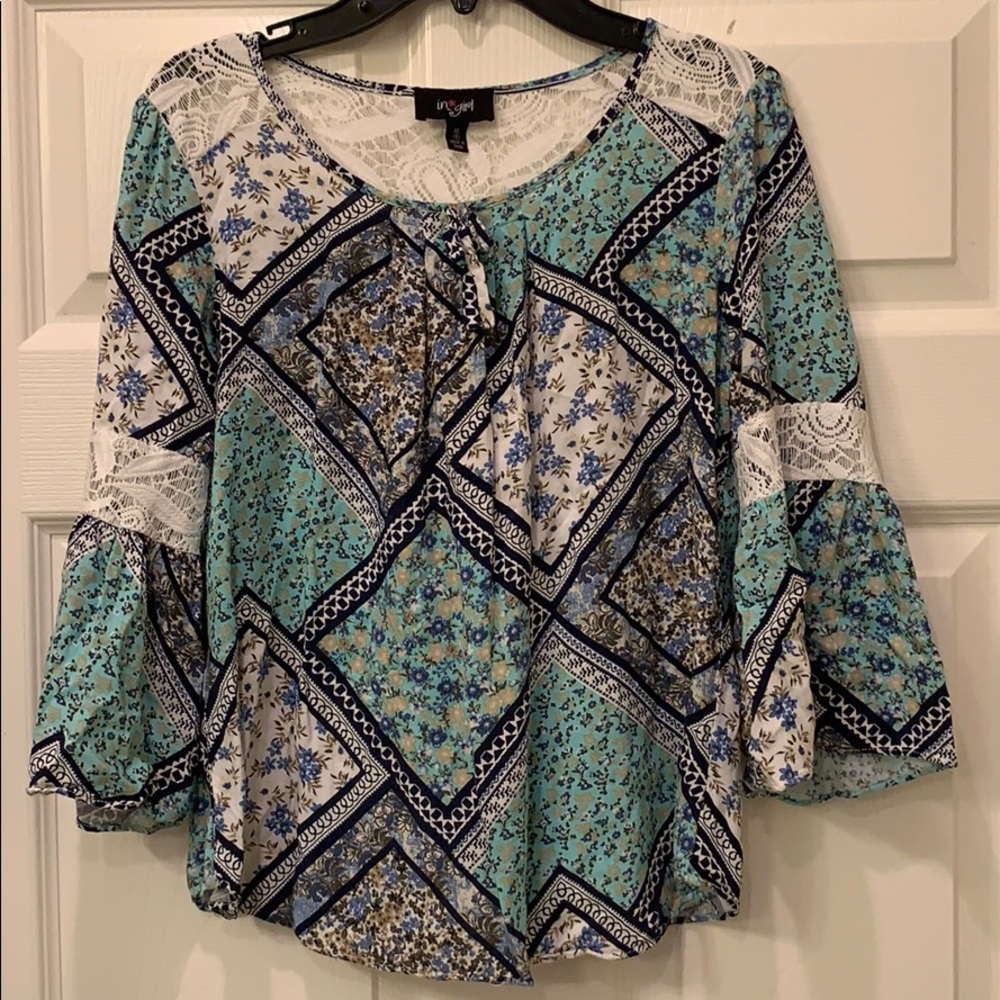 Girls Blouse with Bell Sleeves and Crochet Accents
